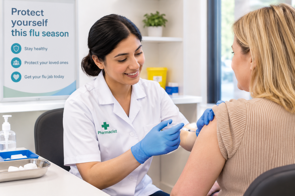 Pharmacist administering a private flu jab to a patient